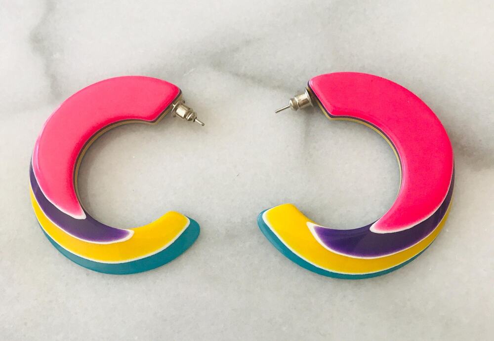 Vintage Modern Hoop Earrings - Bold Neon - Blocked Layers - Pink Yellow Purple